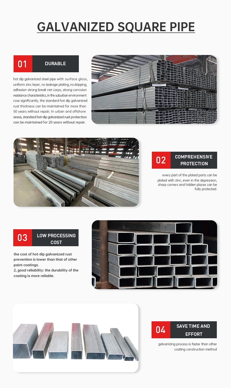 Galvanized Square Steel Pipes Ms Welded Q195 Q235 Q345 Z180 Galvanized Rectangular Tube